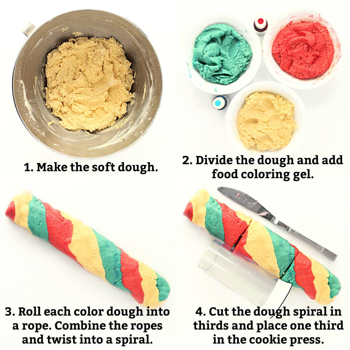 Instructions labeled: make dough, add color, make dough log and twist, cut dough in thirds.