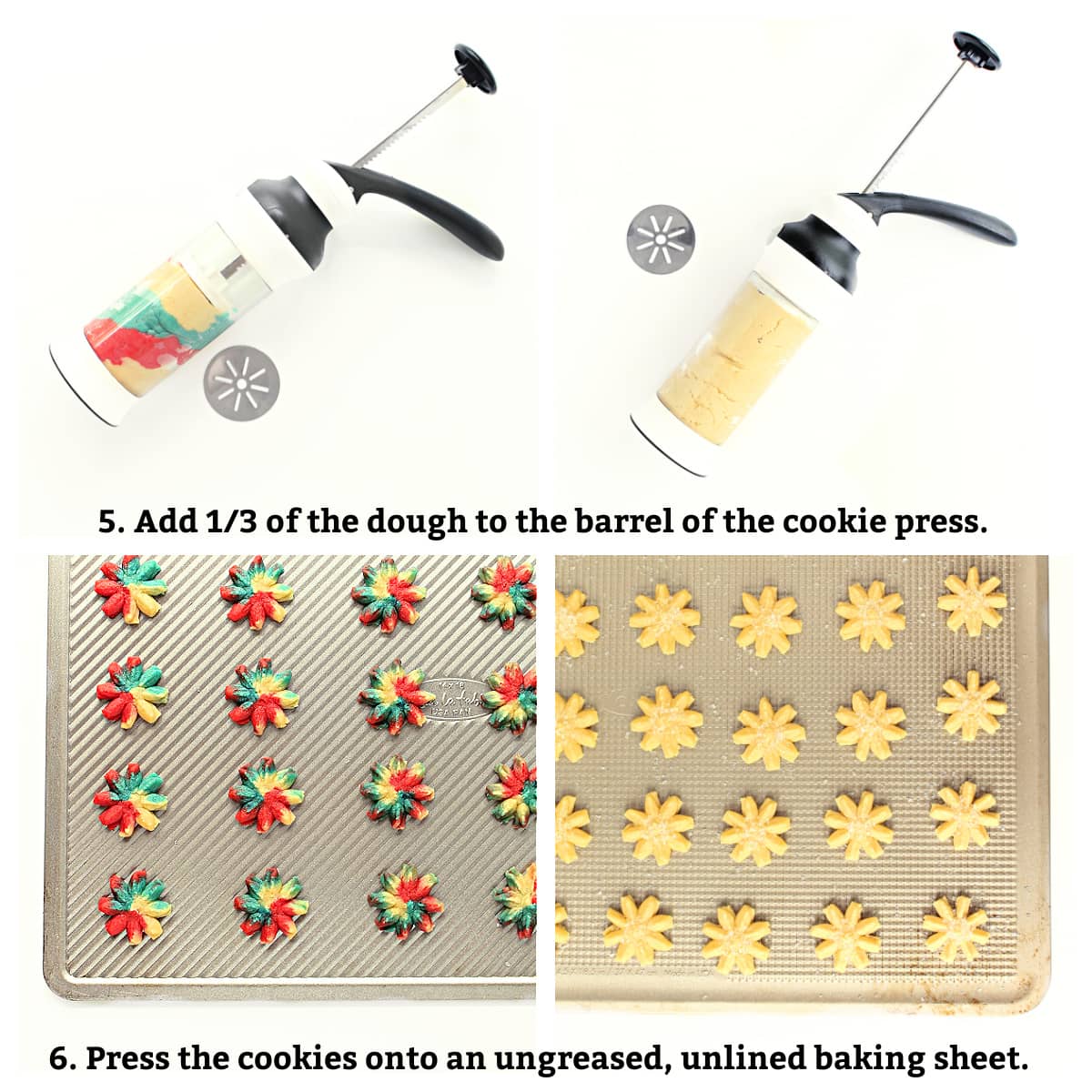Instructions labeled: add ⅓ dough to cookie press, press cookies onto ungreased baking sheet.
