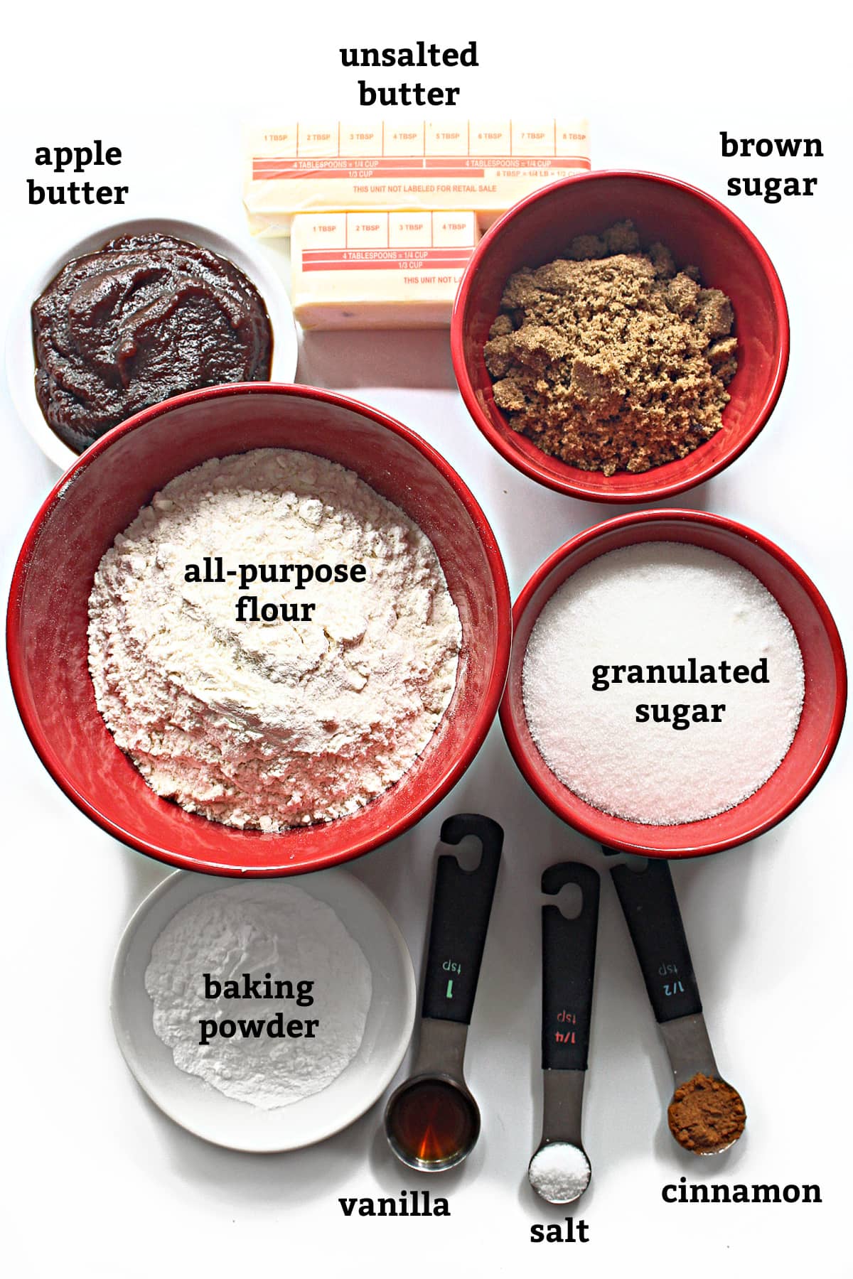 Ingredients labeled: apple butter, butter, brown sugar, white sugar, flour, baking powder, vanilla, salt, cinnamon.