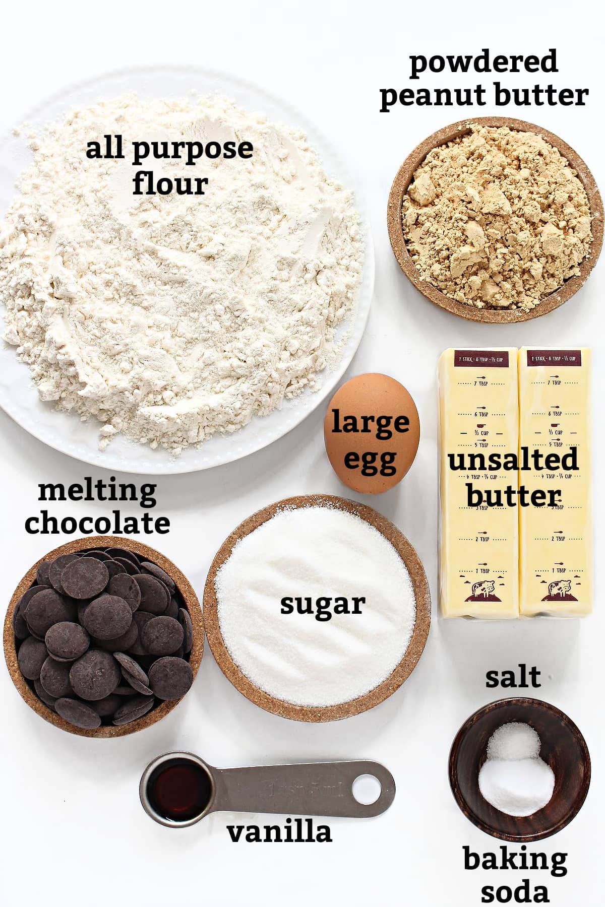 Ingredients: flour, powdered peanut butter, butter, egg, sugar, vanilla, baking soda, melting chocolate.