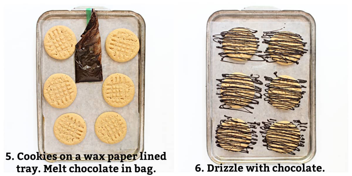 Place cookies on wax paper lined tray, drizzle with melted chocolate.