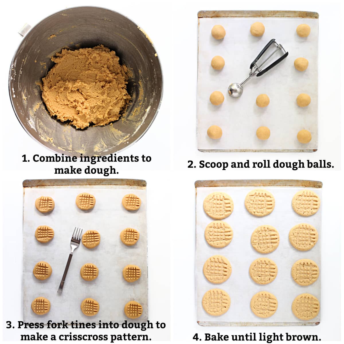 Instructions: make dough, scoop and roll balls, make crisscross pattern, bake until light brown.