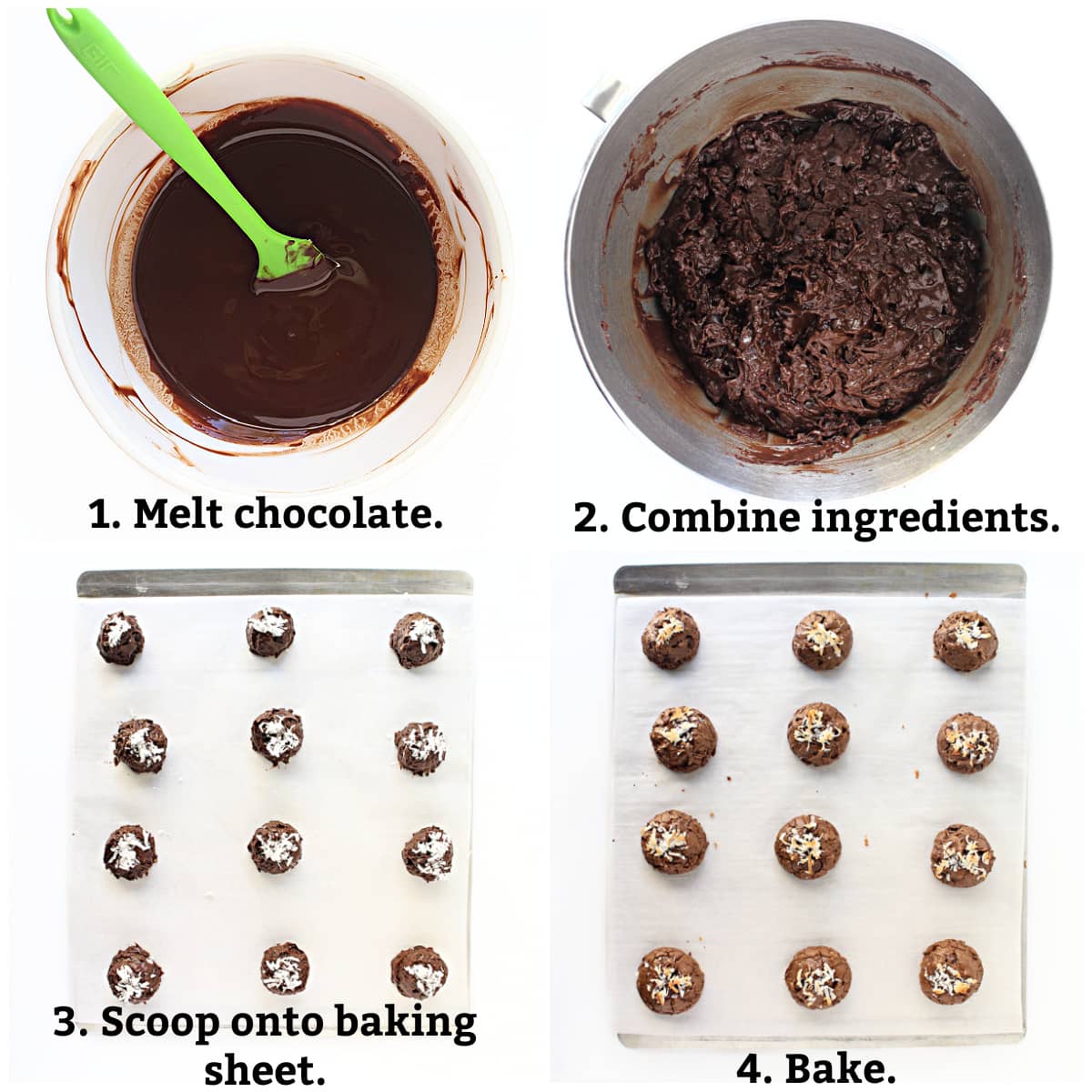 Instructions: melt chocolate, combine ingredients, scoop onto baking sheet, bake.