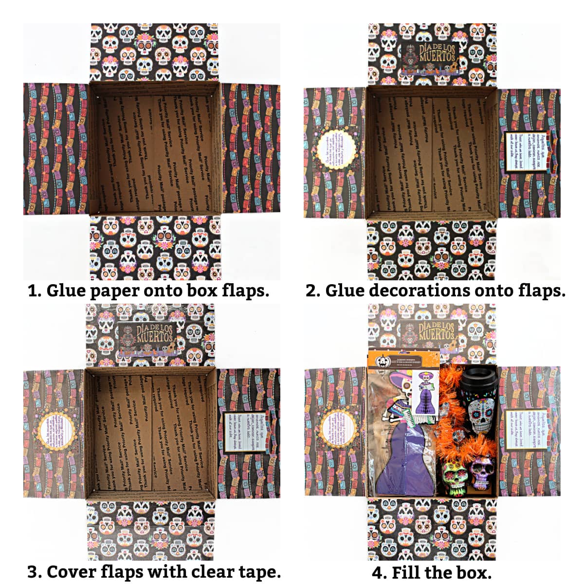 Decorating instructions: glue paper onto flaps, glue decorations onto flaps, cover flaps with tape, fill box.