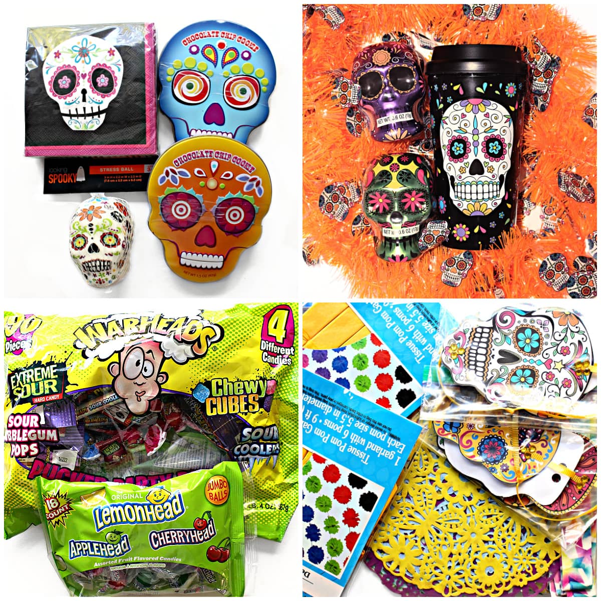 Care package contents: skull decorations and paper goods, candy, decorations.