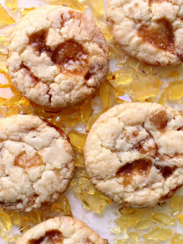 Crunchy butter cookies with chunks of caramel candy.