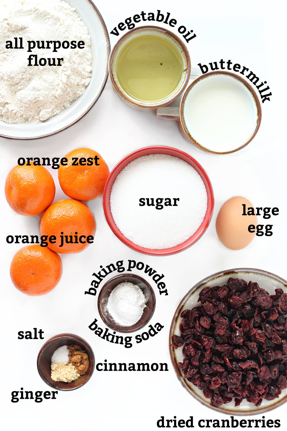 Ingredients: flour, oil, sugar, oranges, buttermilk, egg, craisins, cinnamon, ginger, baking powder, baking soda.