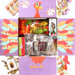 Packed Thanksgiving Care Package with turkey decoration on the box flaps.