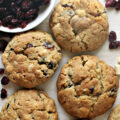 Thick cookies with cranberries and white chocolate.