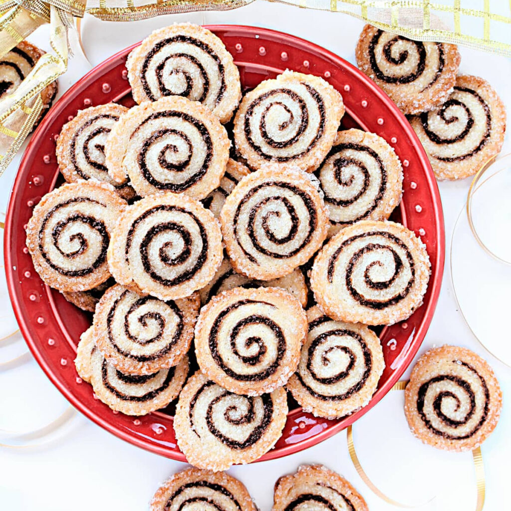 Thin, sliced Chocolate Rugelach cookies with spirals of chocolate filling.