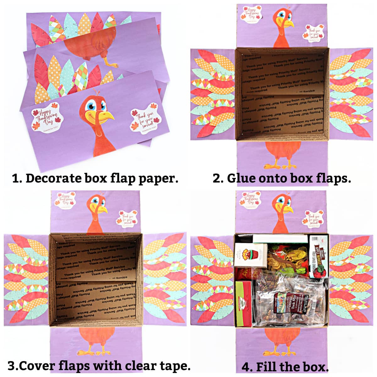 Instructions: decorate box flap papers, glue onto box flaps, cover flaps with clear tape, fill box.