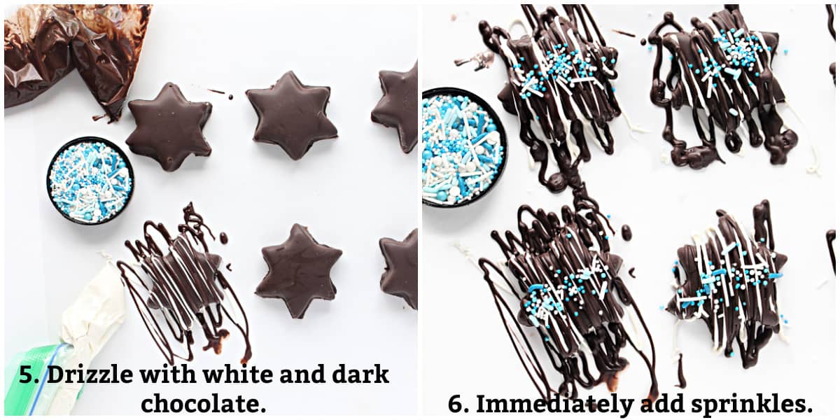 Decorating instructions: drizzle with white and dark chocolate, immediately add sprinkles.