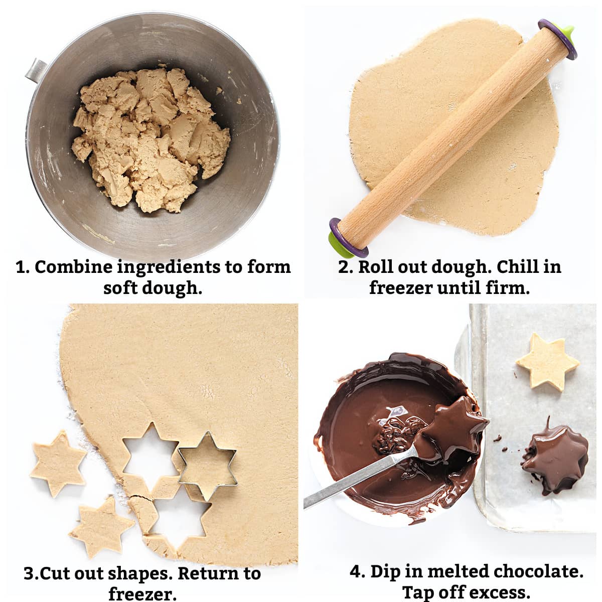Instructions: combine ingredients, roll out, chill, cutout shapes, dip in melted chocolate..