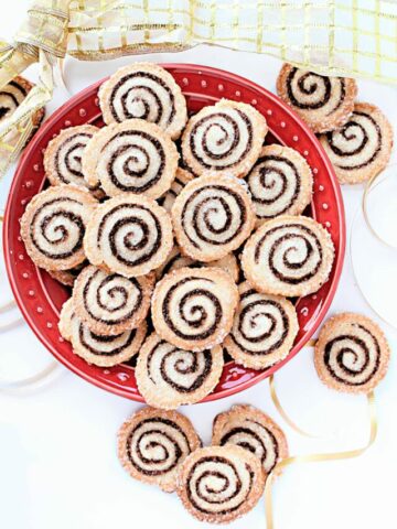 Chocolate Rugelach slice and spirals of chocolate filling.