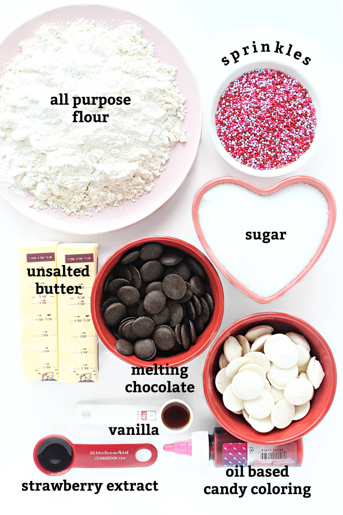 Ingredients: flour, sprinkles, unsalted butter, sugar, melting chocolate, strawberry extract, oil based candy coloring.