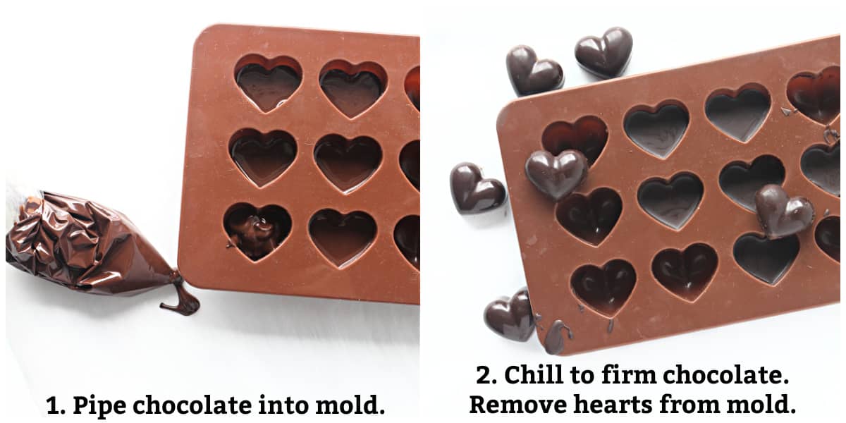 Chocolate hearts instructions: pipe melted chocolate into molds, chill, unmold.