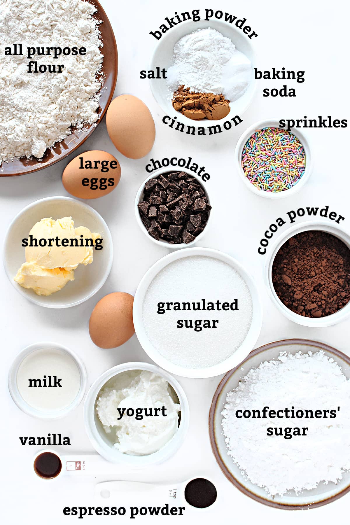 Ingredients: flour, eggs, shortening sugar, chocolate , cinnamon, baking powder, soda, cocoa, yogurt, milk, vanilla, espresso powder.