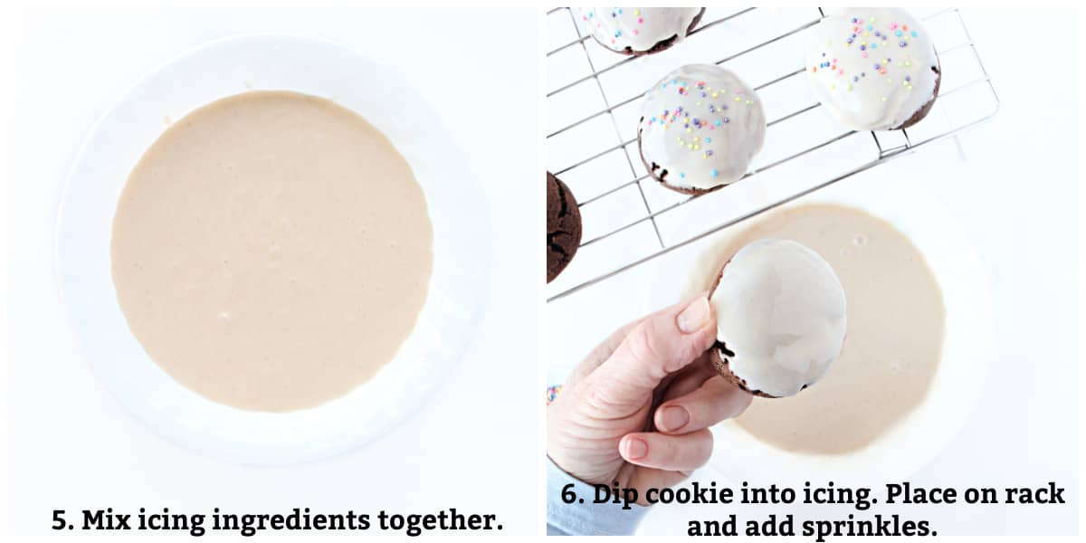 Icing instructions: mix icing ingredients together, dip cookies, place on rack, add sprinkles.