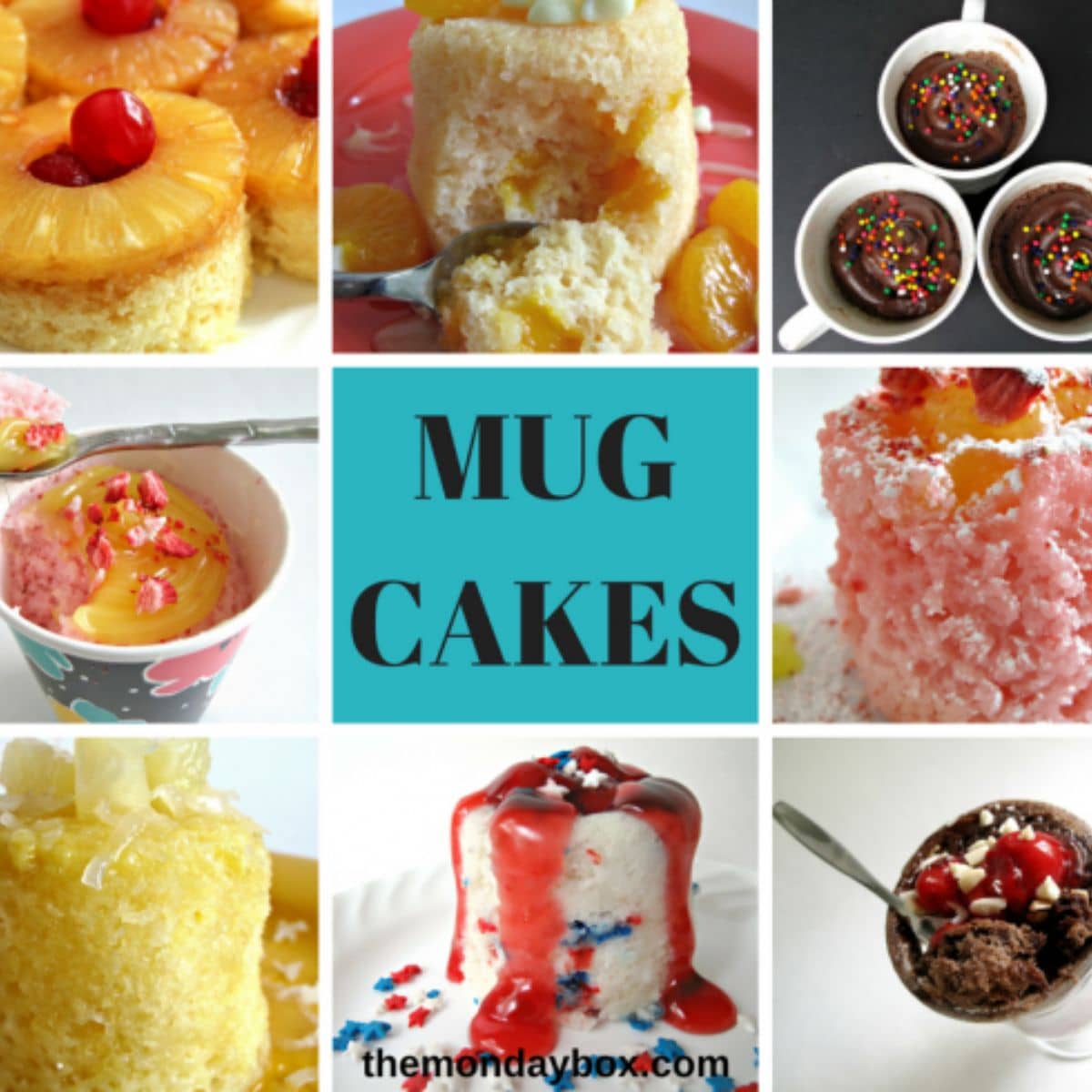 Collage of 8 different mug cake flavors.