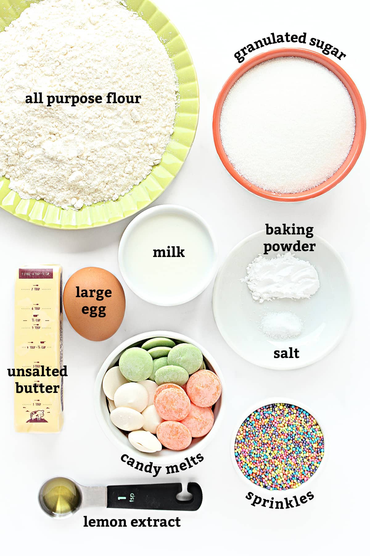 Ingredients: flour, sugar, unsalted butter, large egg, milk, baking powder, salt, sprinkles, candy melts, lemon extract.