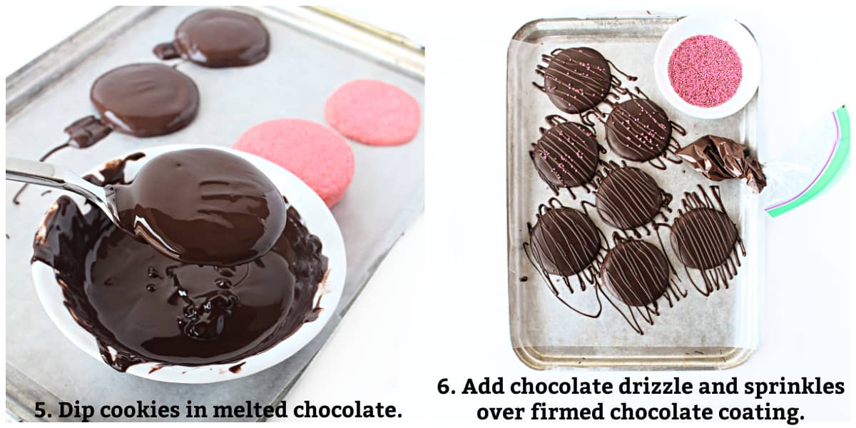 Decorating instructions: dip cookies in melted chocolate, add chocolate zigzags and sprinkles when coating is firm.