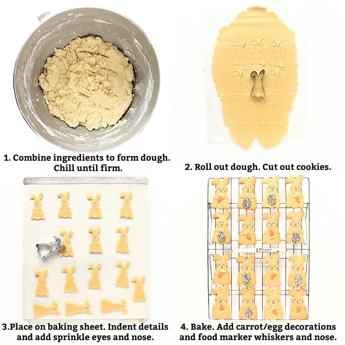 Instructions: mix ingredients for dough, roll out dough, cut out cookies, add sprinkles, bake, add decorations.