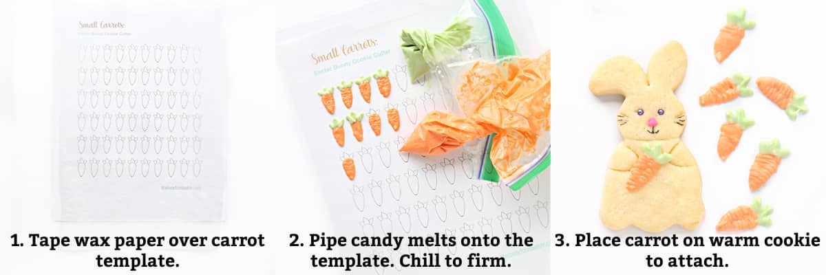 Carrot decoration instructions: tape wax paper to template, pipe on candy melts, place on warm cookie.