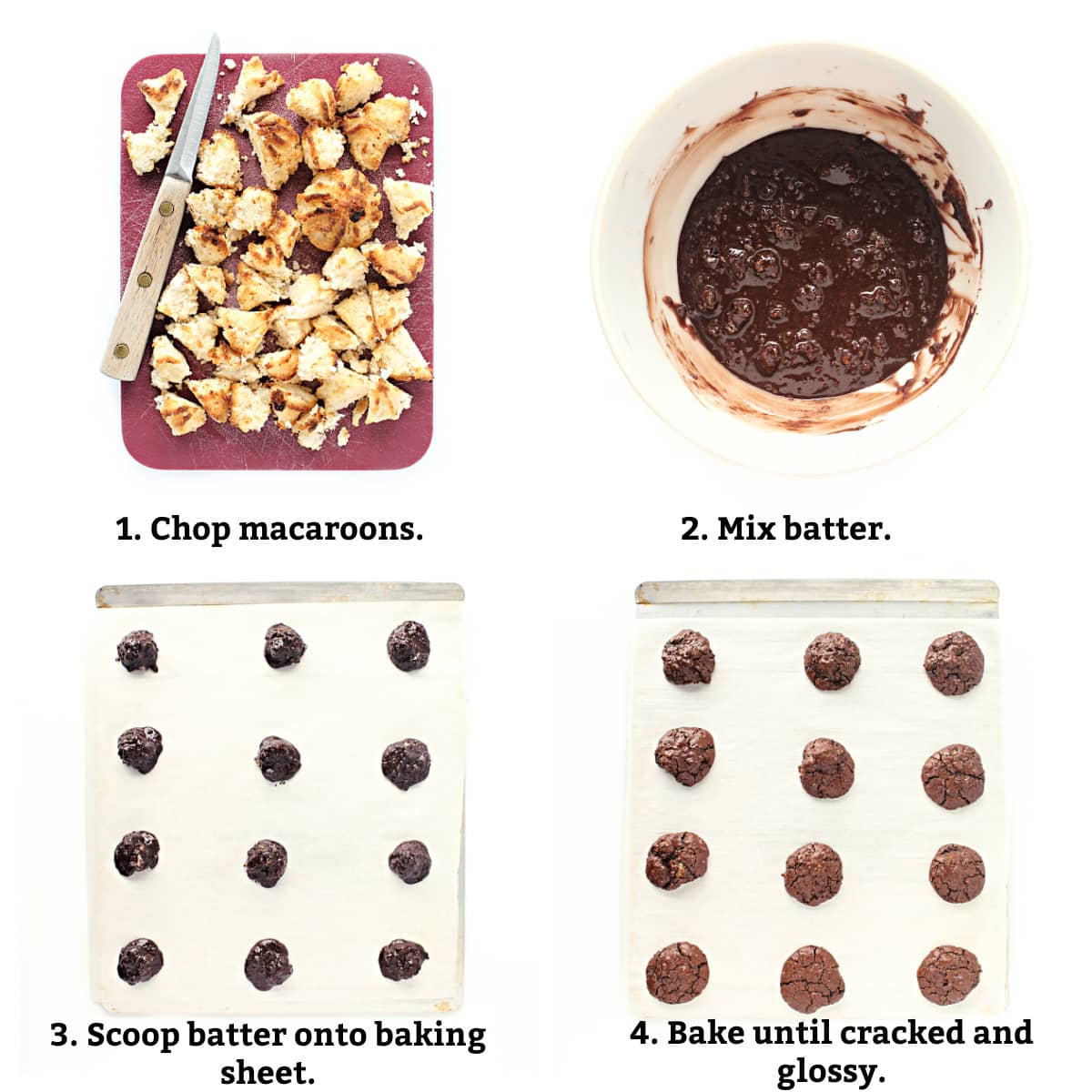 Instructions: chop macaroons, mix batter, scoop batter onto baking sheet, bake until tops are glossy.