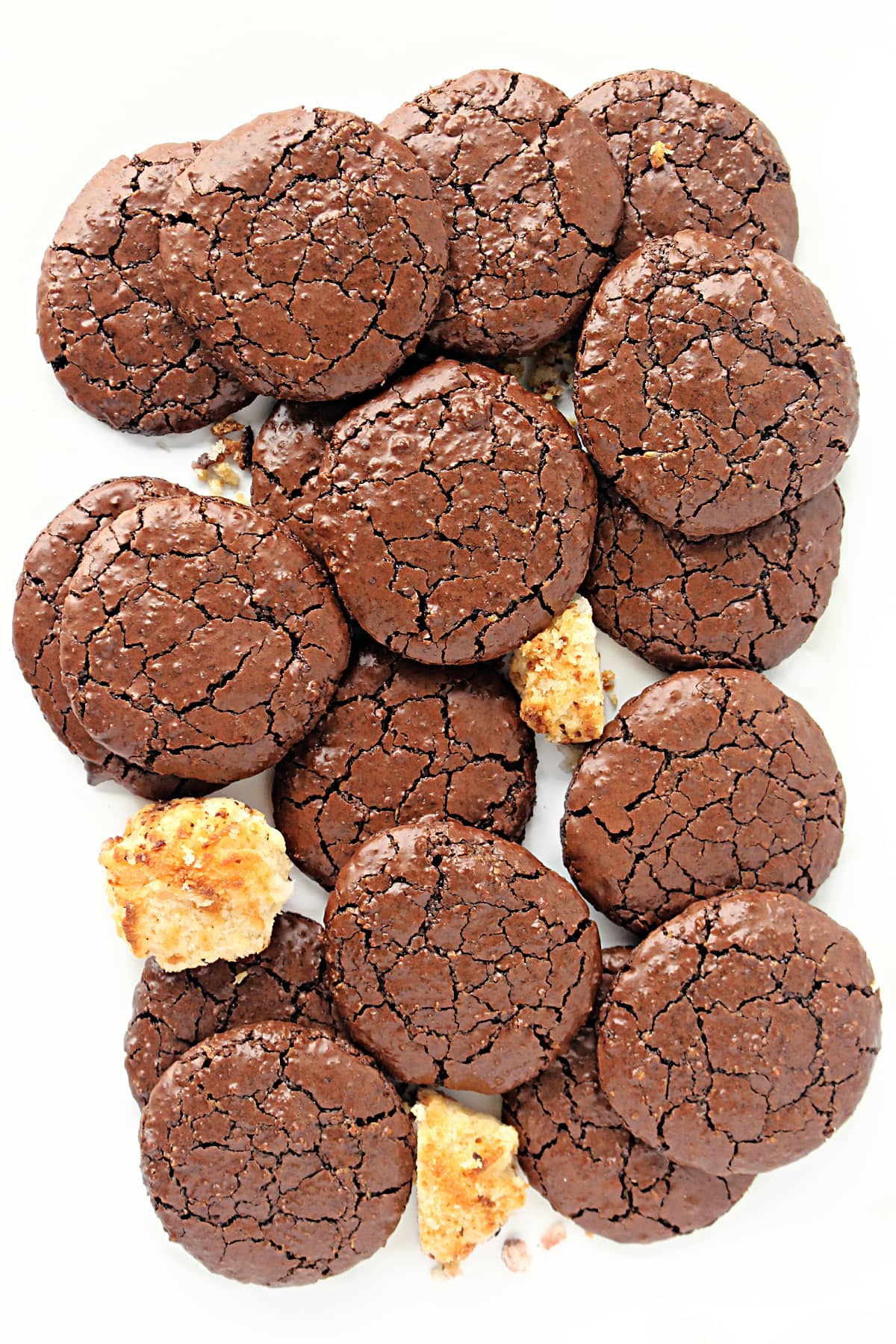 Flat chocolate cookies with a shiny, crackled top.