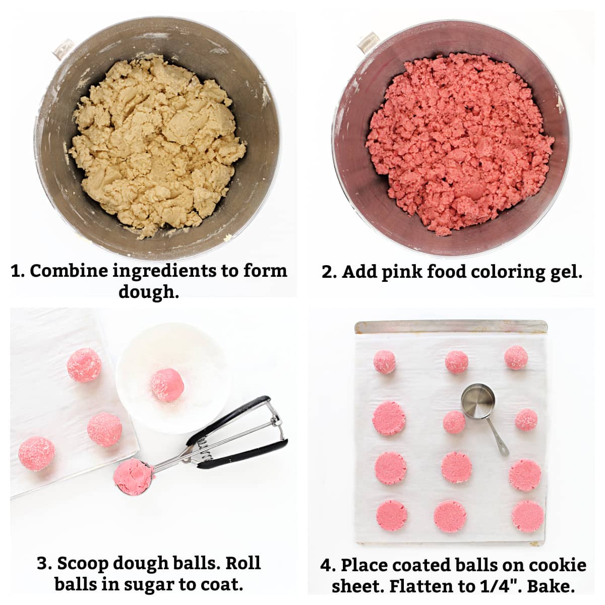 Instructions: combine ingredients, add coloring, scoop dough balls, coat in sugar, flatten on baking sheet, bake.