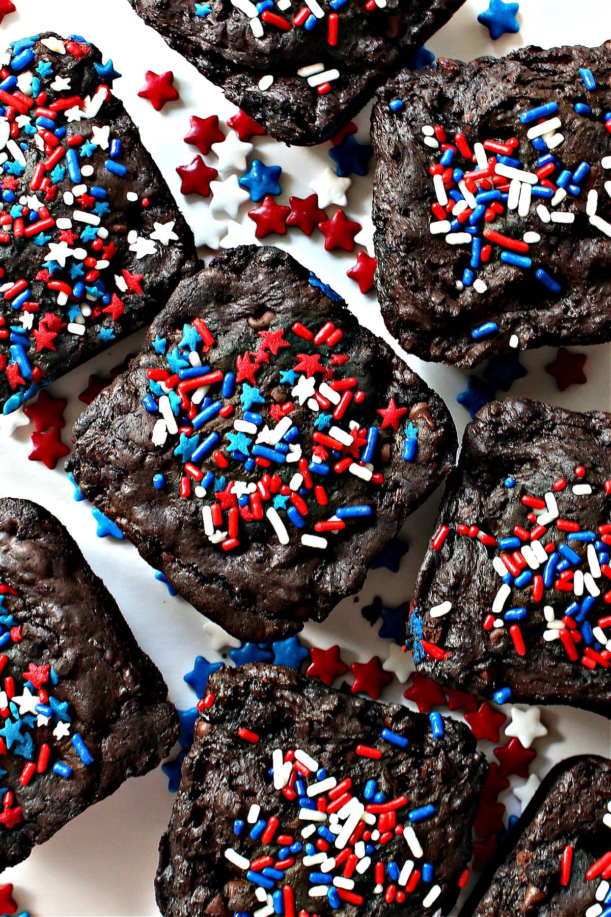 Brownie squares topped with red, white, and blue sprinkles.