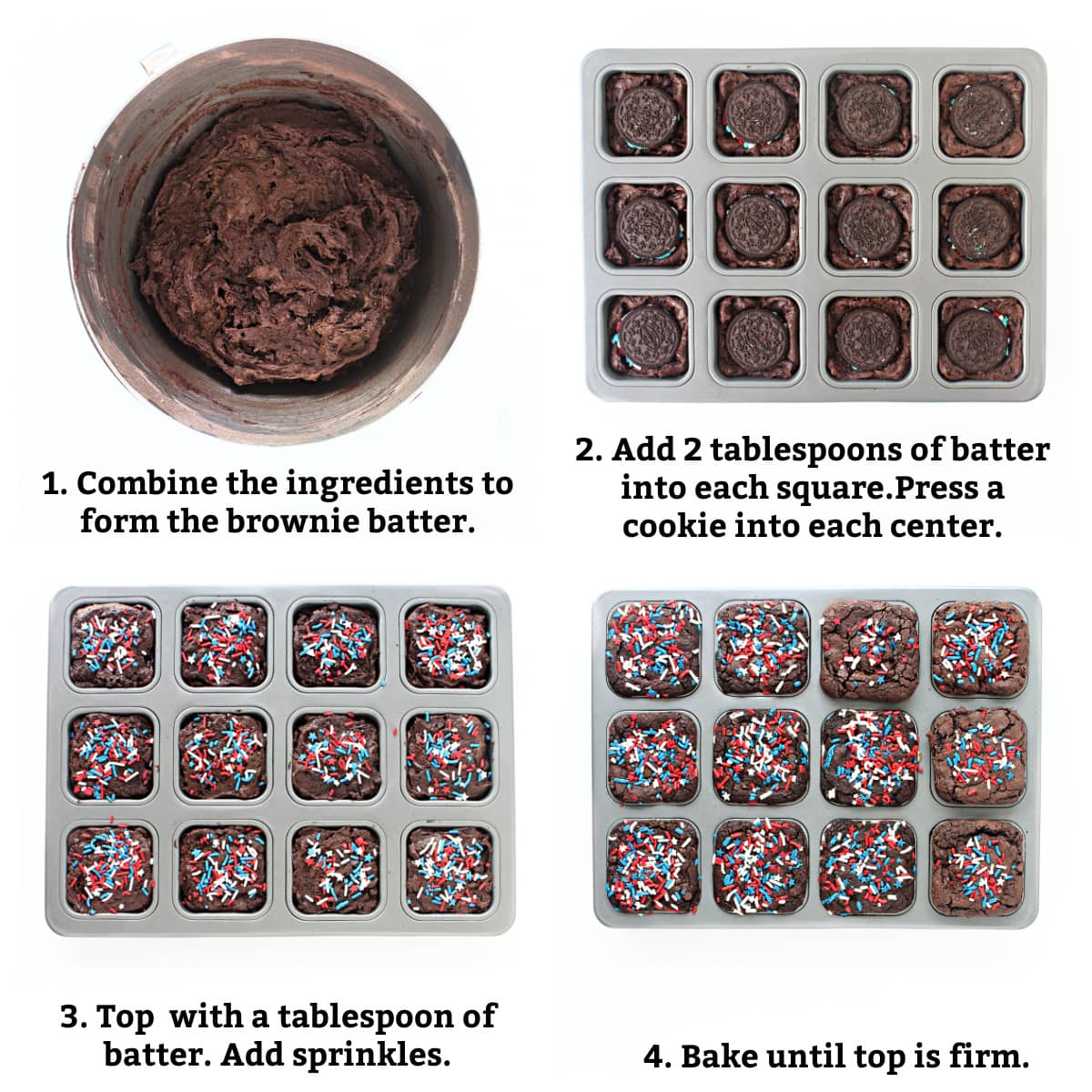 Brownie instructions: make batter, add half to pan, press in cookies, top with remaining batter and sprinkles, bake.