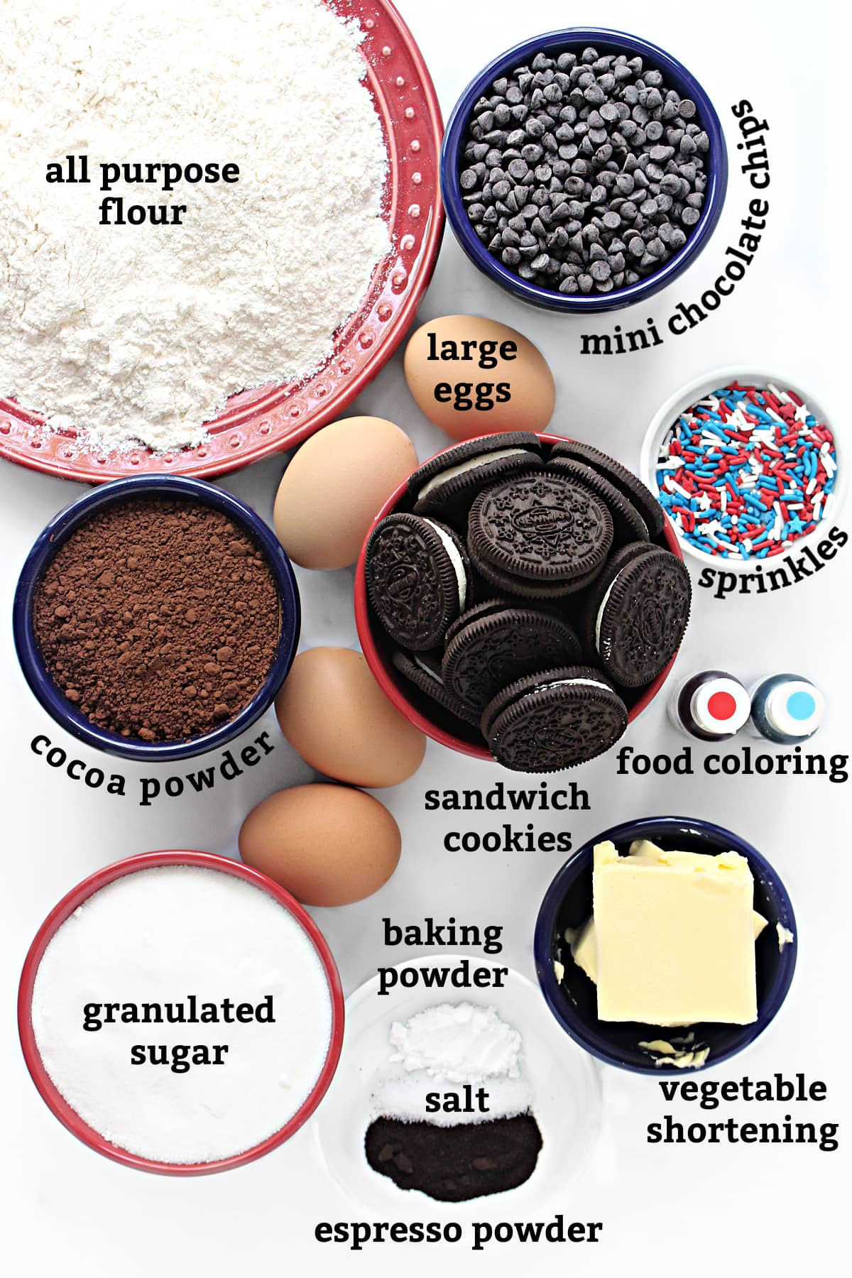 Ingredients: flour, eggs, shortening, sugar, cocoa, cookies, chocolate chips, salt, baking powder, espresso powder, sprinkles, coloring.