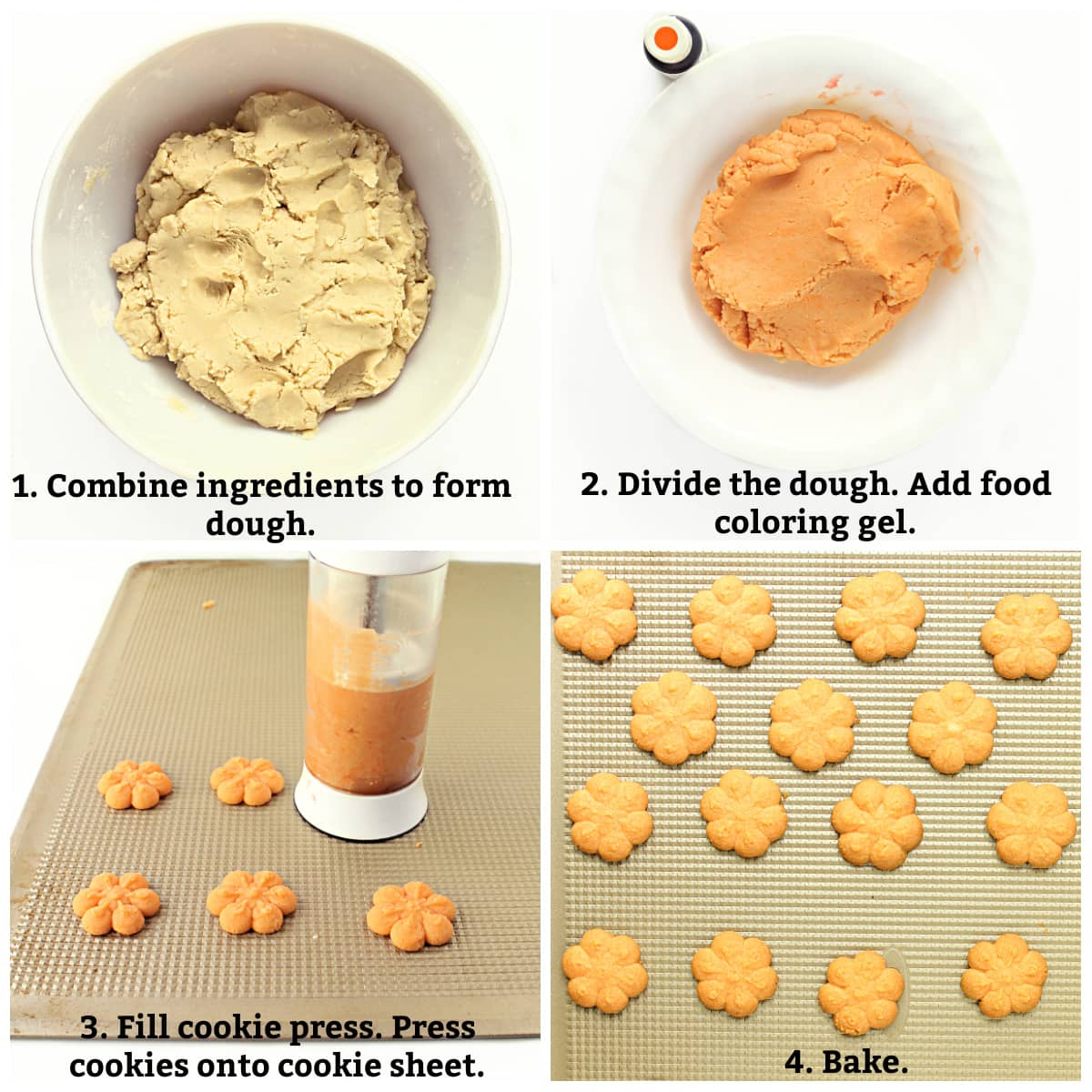 Instructions: combine ingredients to form dough, color dough, fill cookie press, press cookies, bake.