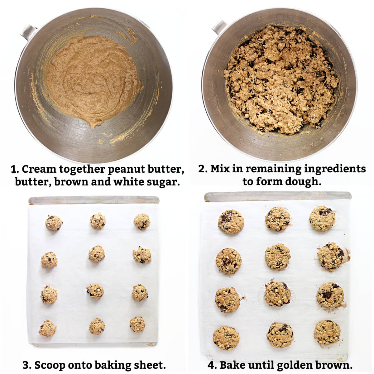 Instructions: cream butter, peanut butter, and sugars, Mix in remaining ingredients, scoop, bake.