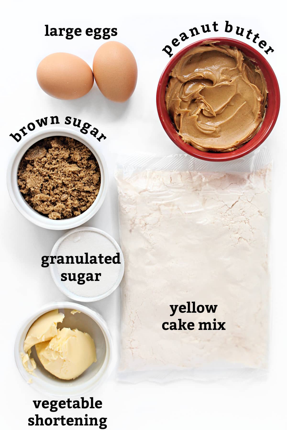 Ingredients: large eggs, peanut butter, brown sugar, granulated sugar, yellow cake mix, vegetable shortening.