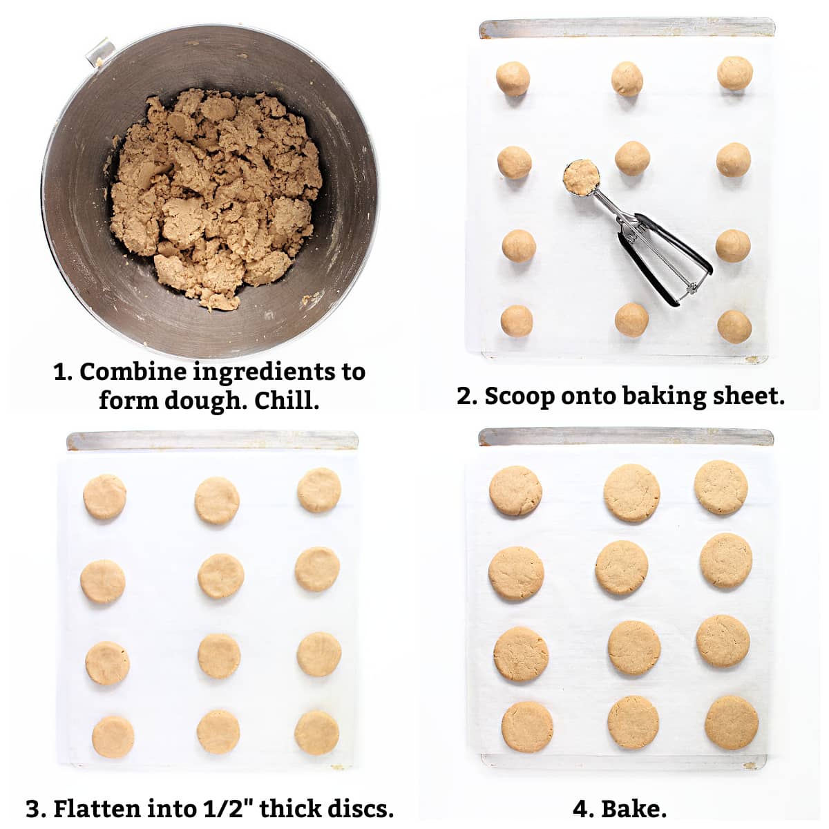Cookie instructions; form dough, chill, scoop dough balls onto baking sheet, flatten balls into discs, bake.