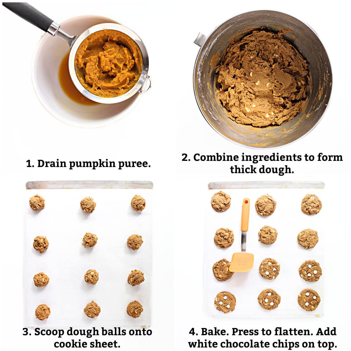 Instructions: drain puree, combine ingredients for dough, scoop dough balls, bake, flatten, add white chocolate chips.