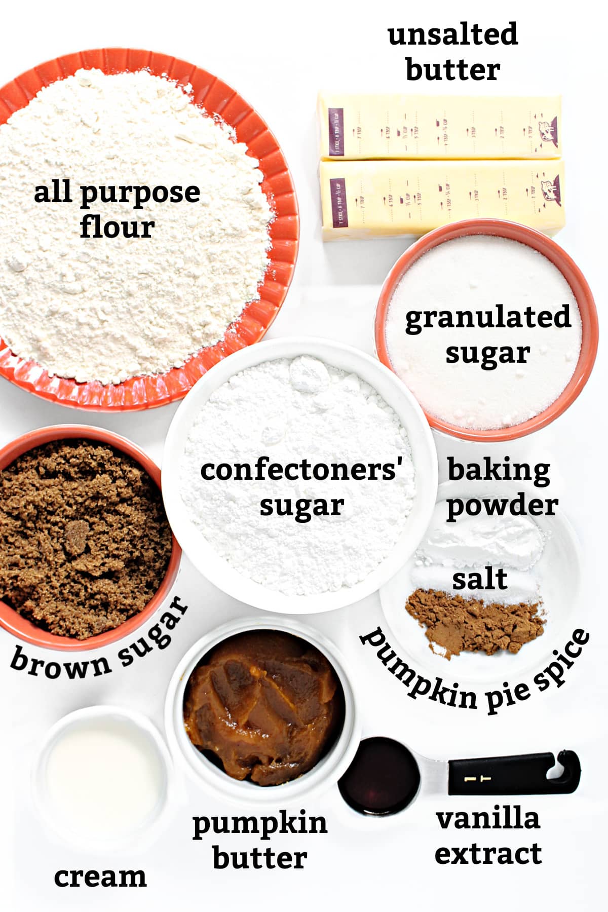 Ingredients: flour, butter, granulated/brown/confectioners sugar, baking powder, salt, pie spice, cream, vanilla, pumpkin butter.