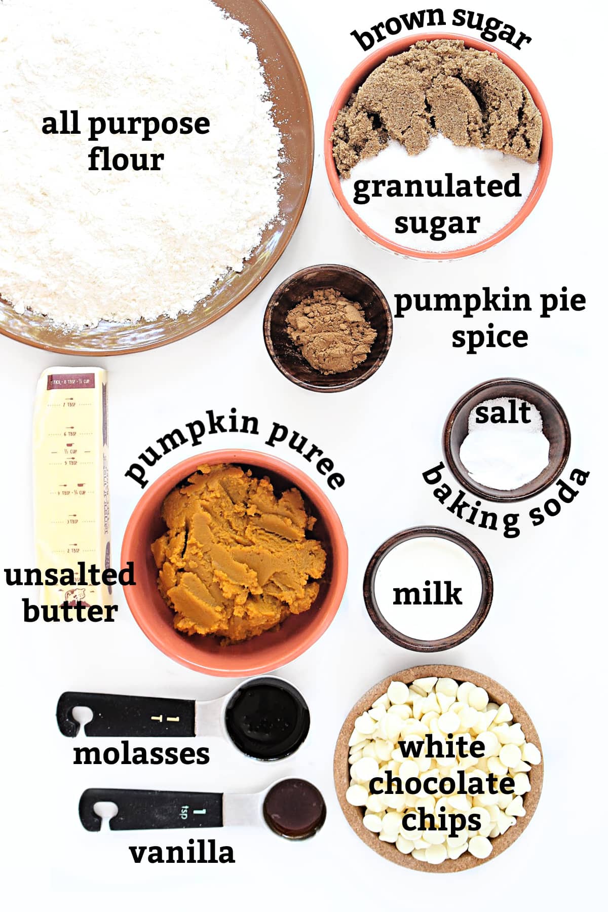 Ingredients: flour, sugars, pumpkin spice, butter, pumpkin puree, salt, baking soda, milk, molasses, vanilla, white  chips.
