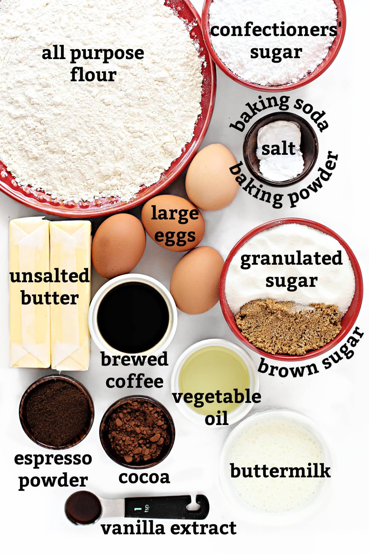 Ingredients: flour,butter, coffee, espresso powder, cocoa, buttermilk, vanilla, sugars, baking powder/soda, salt, powdered sugar.
