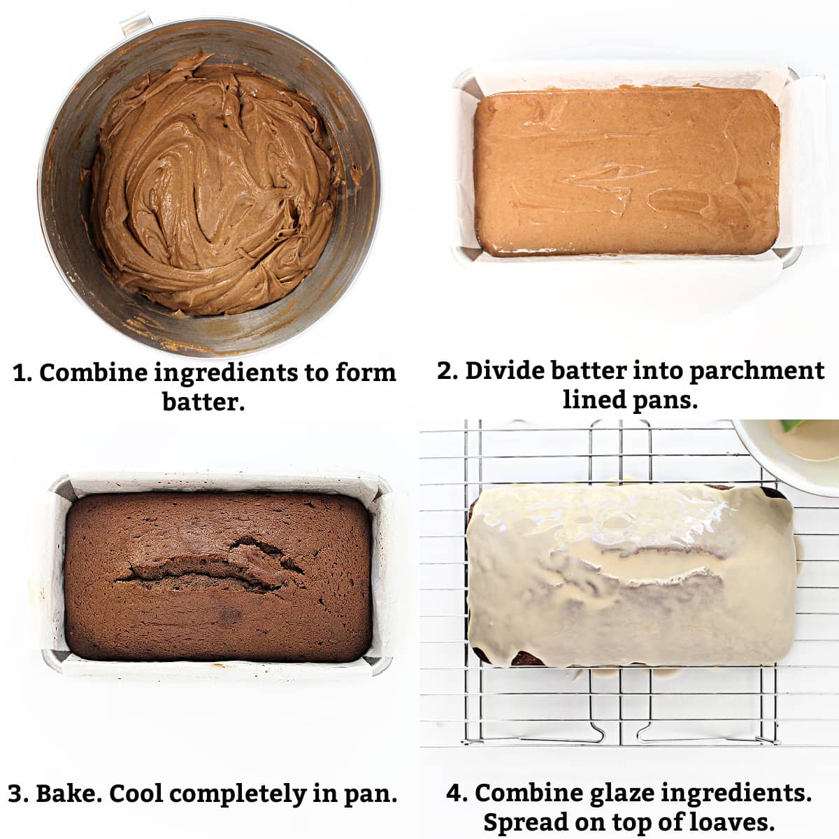 Instructions: combine ingredients for batter, divide batter into pans, bake, glaze.