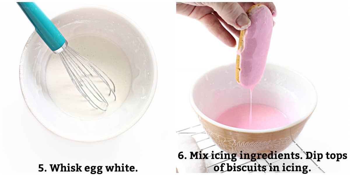 Instructions: whisk egg white, add icing ingredients, dip cookies in icing.