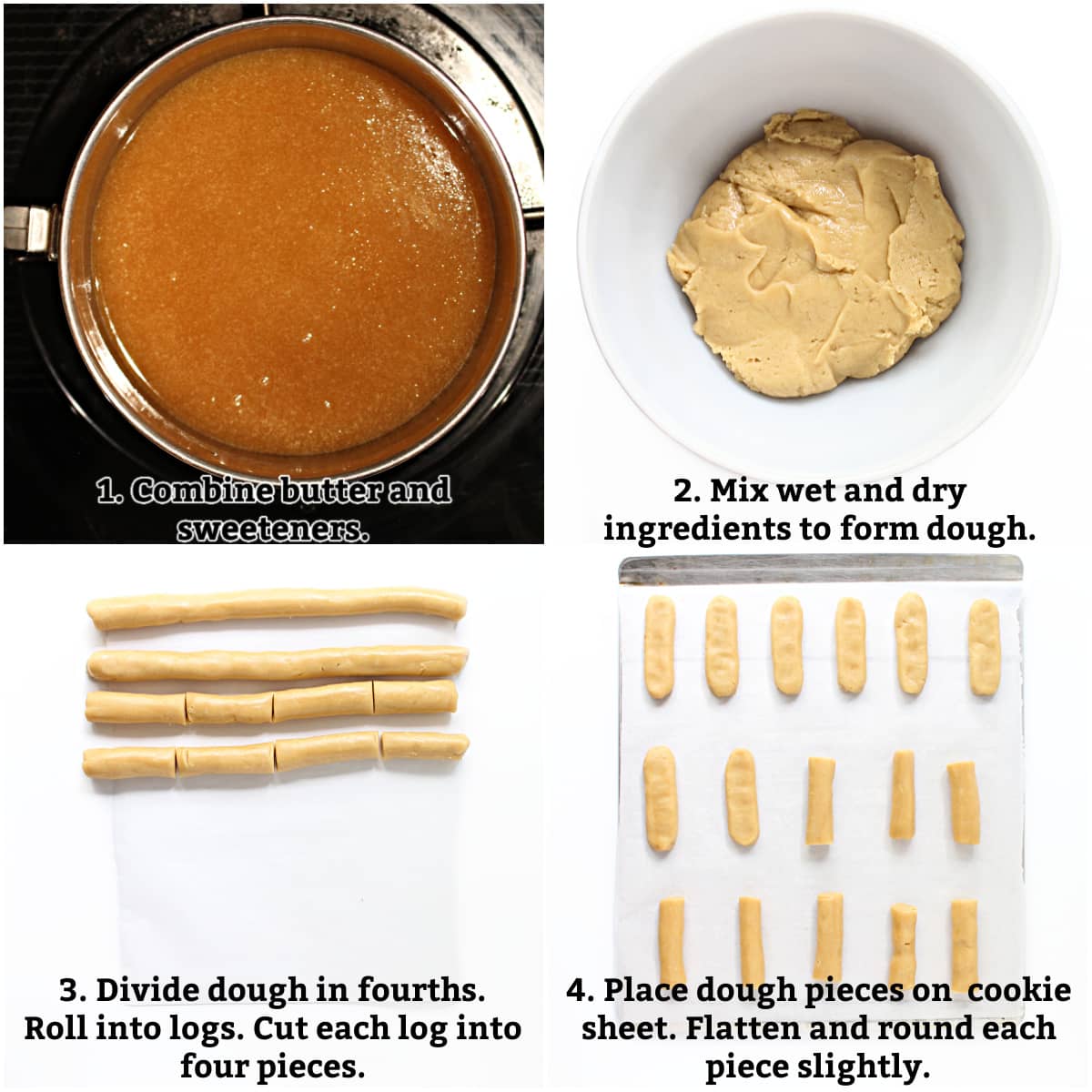 Instructions: melt butter with sweeteners, form dough, divide dough into cookies, flatten on baking sheet, bake.