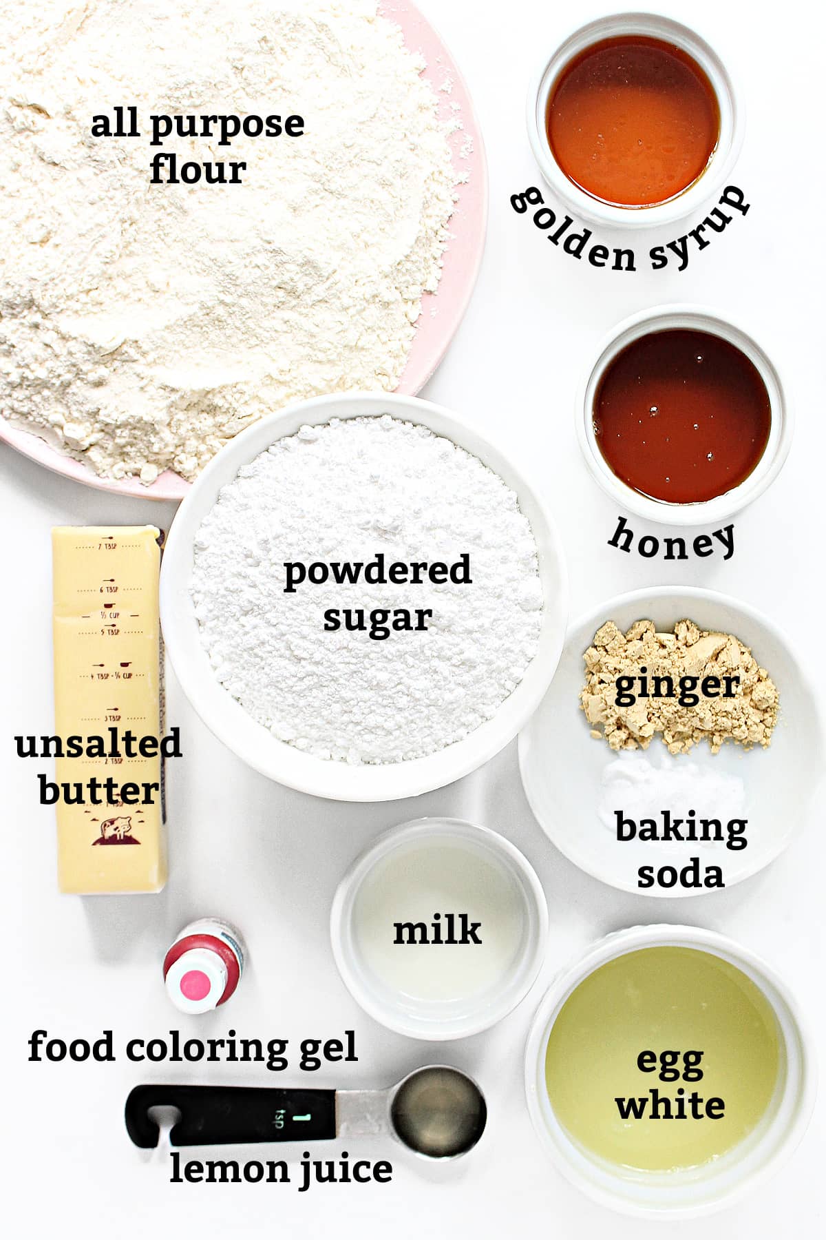 Ingredients: flour, golden syrup, honey, powdered sugar, butter, ginger, baking soda, milk, egg white, lemon juice, food coloring.