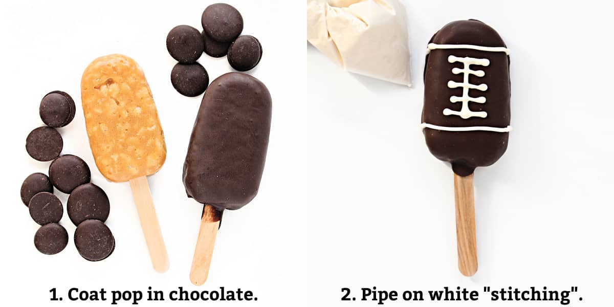 Football instructions: coat in dark chocolate melts, pipe on white stitching.