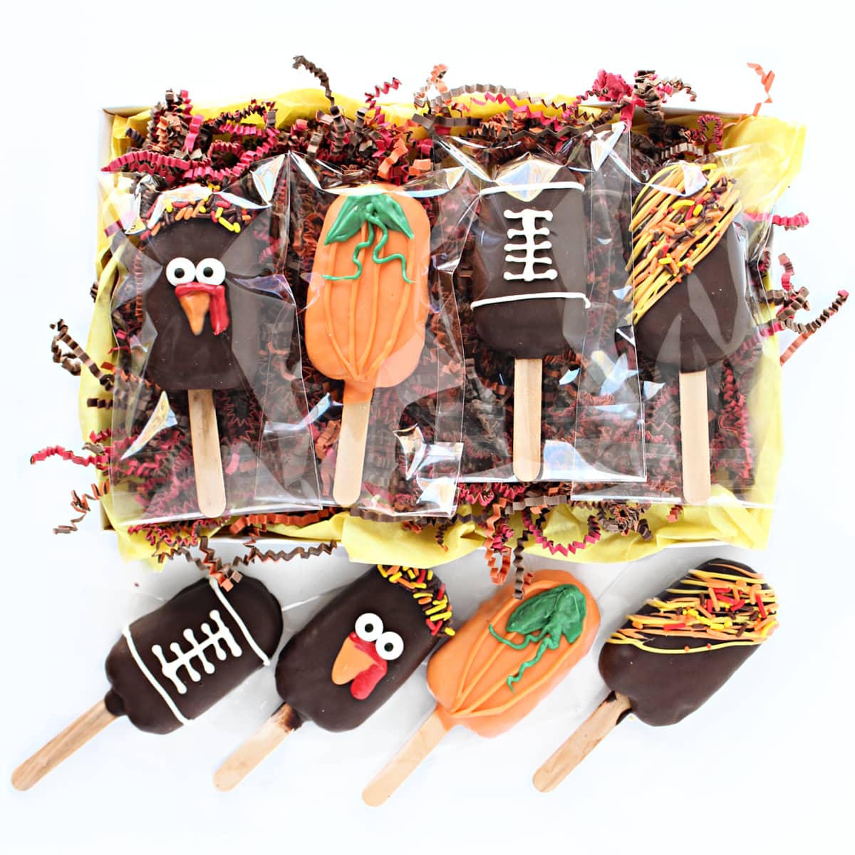 Bagged, decorated ecorated turkey, pumpkin, football, drizzle pops in a gift box.
