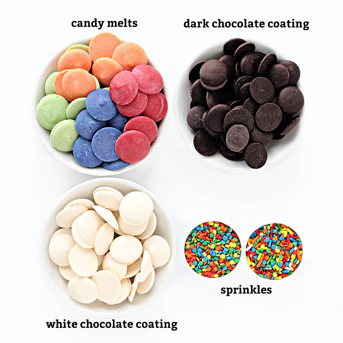 Decorating ingredients: candy melts, dark chocolate coating, white chocolate coating, sprinkles.