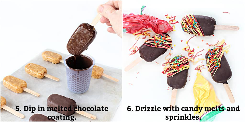 Decorating instructions: dip frozen pop in melted chocolate, add candy melt drizzle and sprinkles.
