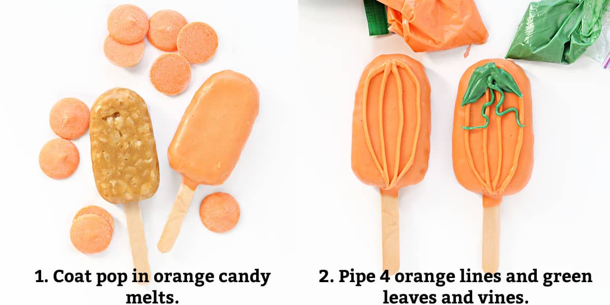 Pumpkin instructions: coat in orange candy melts, pipe on verticle lines, leaves and vines.